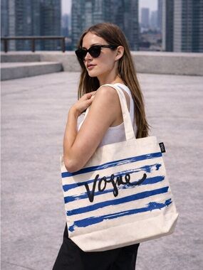 Vogue Canvas Tote Bag Blue Stripe Logo Shopper NWOT Interior Pocket